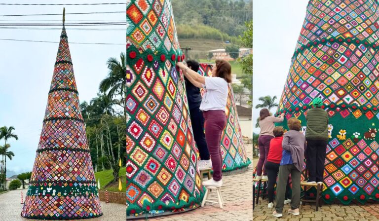 Maior árvore de Natal de crochê do Brasil cresce 2 metros após ganhar 800 novos quadradinhos em cidade ‘italiana’ de SC
